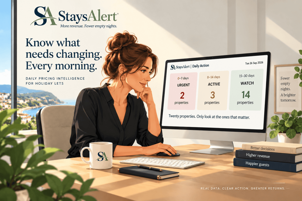 Illustration of Mira reviewing a StaysAlert Daily Action for holiday-let pricing and availability.