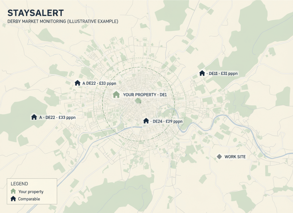 Illustrative StaysAlert map showing a monitored property within a wider candidate pool; geographic proximity alone does not establish comparability.